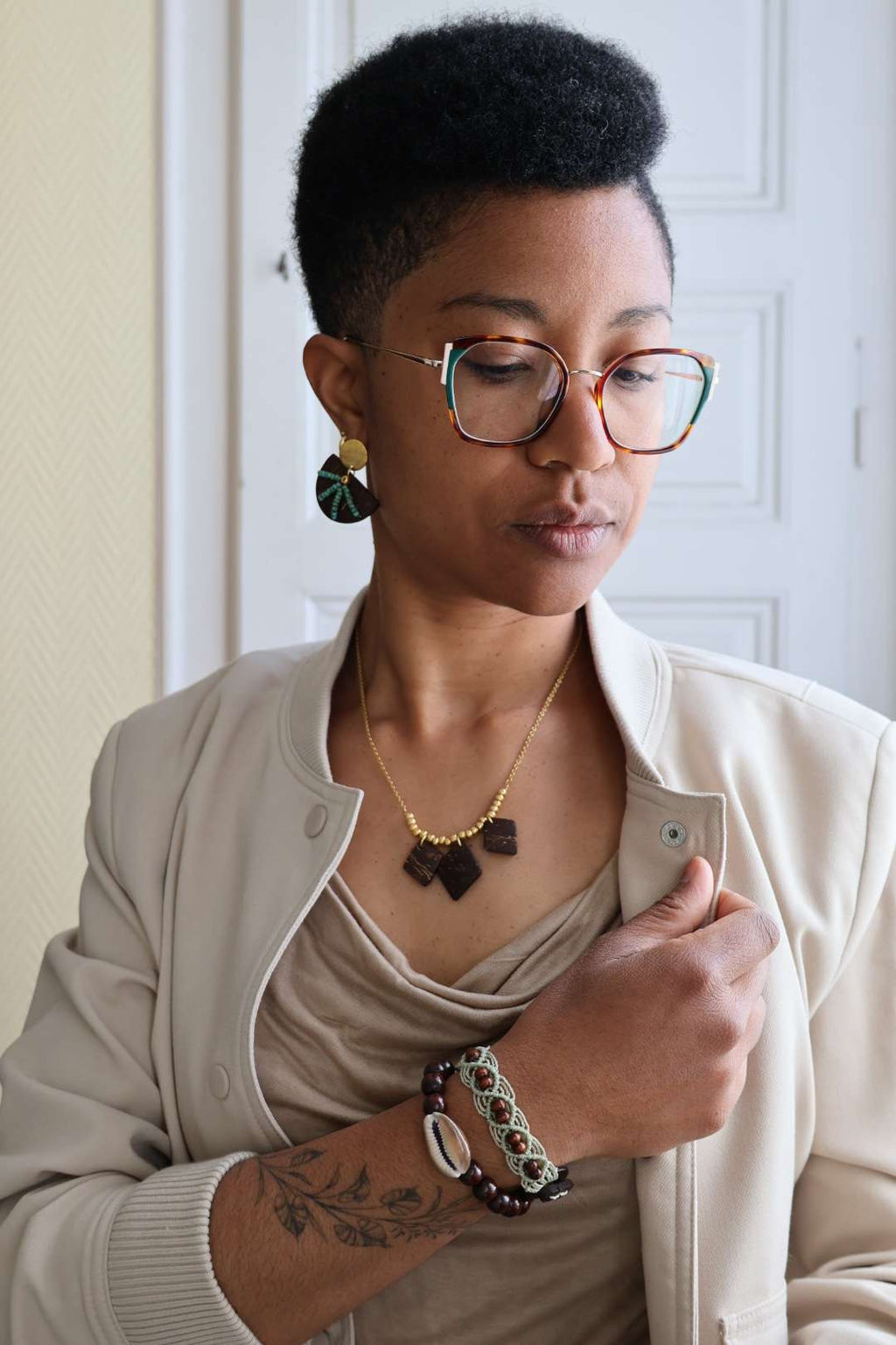 Collier chaîne et pendentifs en noix de coco - RITUEL