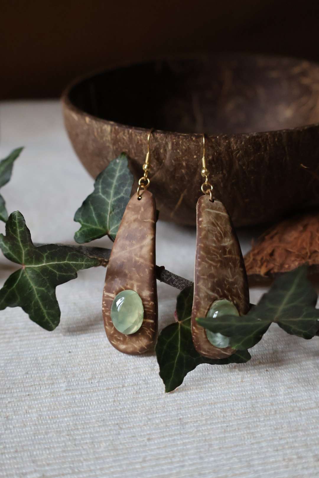 Boucles d'oreilles noix de coco et pierres - PREHNITE