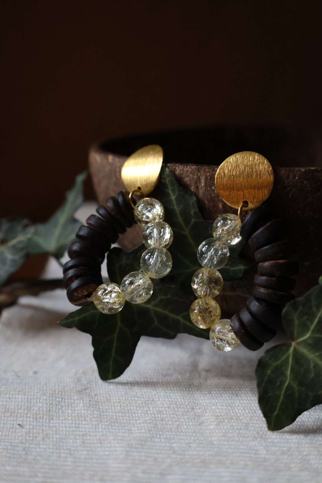 Boucles d'oreilles en bois et perles - COFFEE