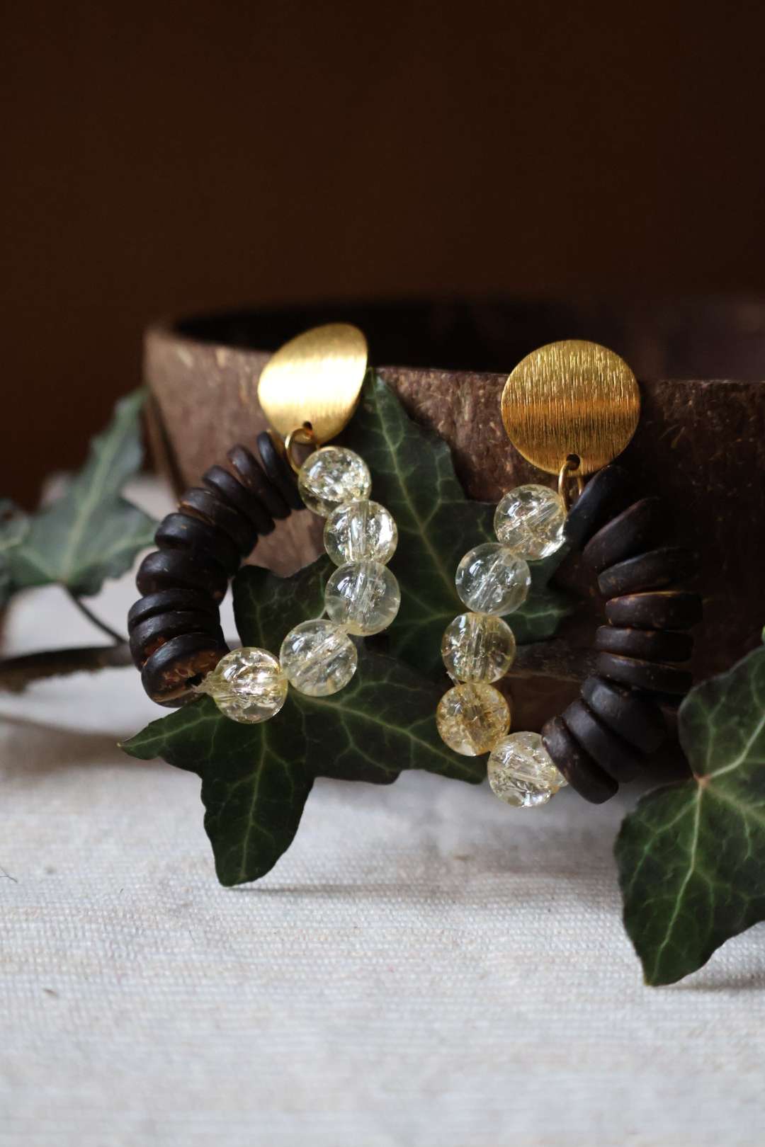 Boucles d'oreilles en bois et perles - COFFEE