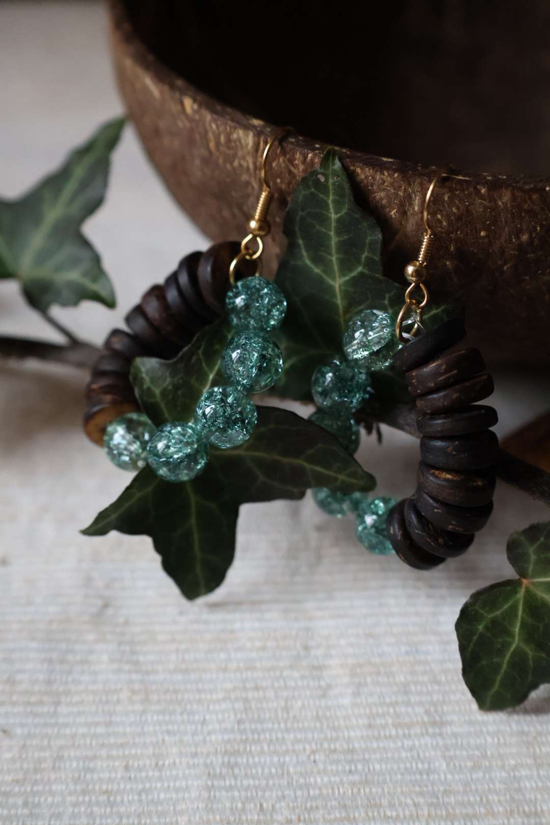 Boucles d'oreilles en bois et perles - COFFEE